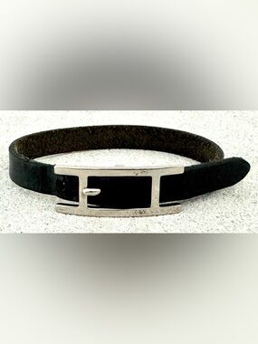 HERMES Hapi H Bracelet Black Leather Palladium Size M 6.5 7 7.5 Wrist